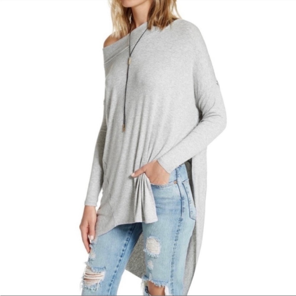Free People We the Free Grapevine Top Tunic Gray Ribbed Long Line Asymmetrical M